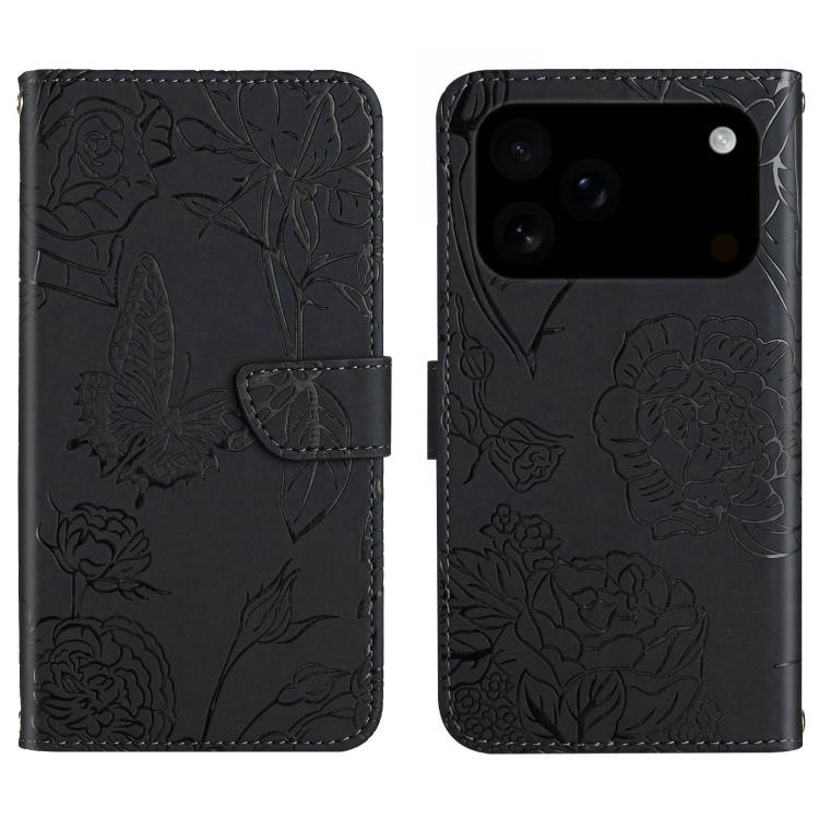 For iPhone 17 Pro Skin Feel Butterfly Embossed Flip Leather Phone Case(Black)