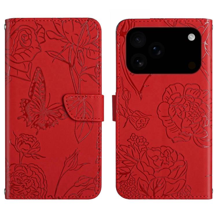 For iPhone 17 Pro Skin Feel Butterfly Embossed Flip Leather Phone Case(Red)