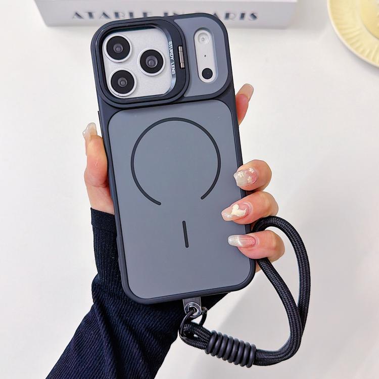 For iPhone 17 Pro Skin Feel Camera Holder Fine Circle Magnetic Phone Case with Lanyard(Black)