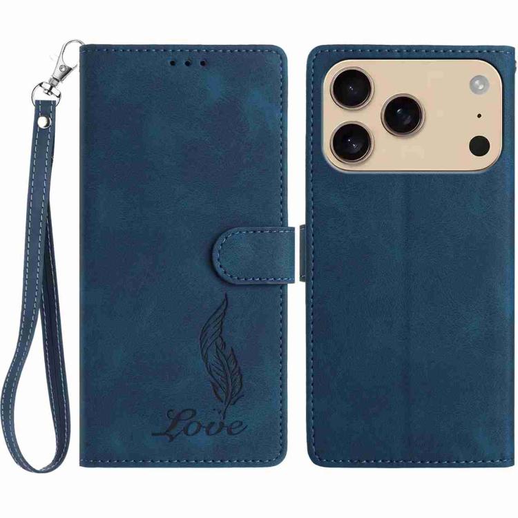 For iPhone 17 Pro Skin Feel Embossed Feather Leather Phone Case(Dark Blue)