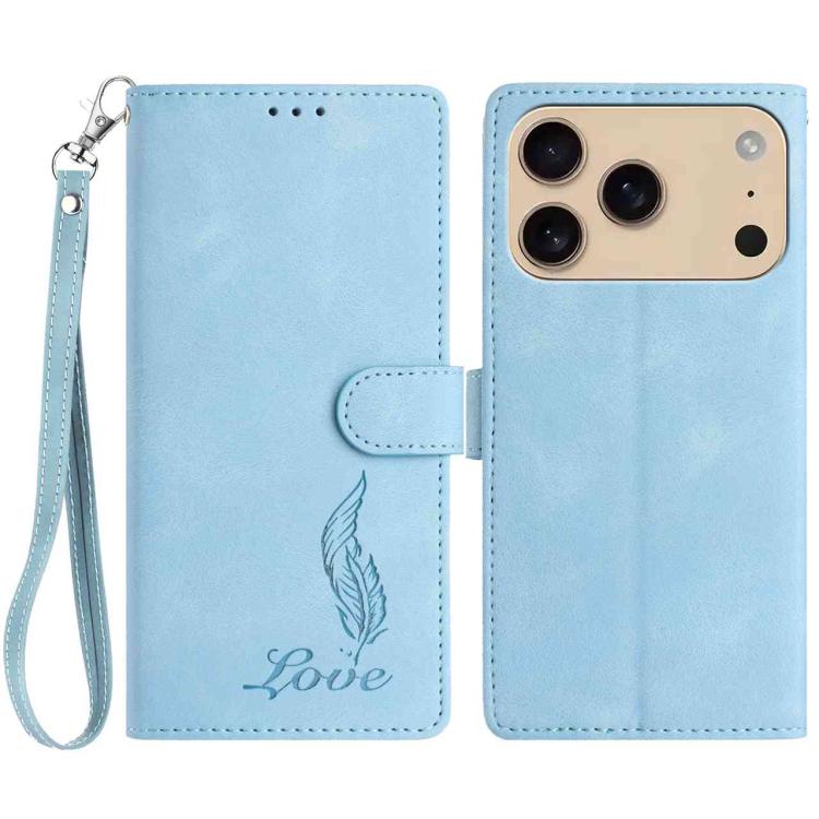 For iPhone 17 Pro Skin Feel Embossed Feather Leather Phone Case(Light Blue)