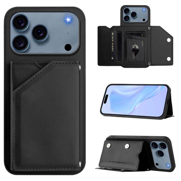 For iPhone 17 Pro Skin Feel Four Card Slots Phone Case with Wrist Strap(Black)