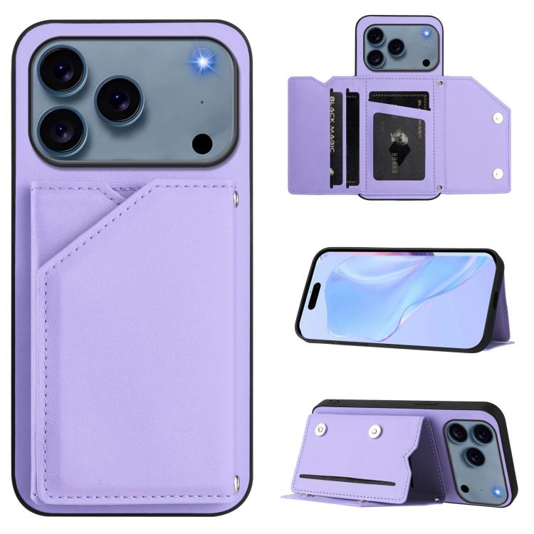 For iPhone 17 Pro Skin Feel Four Card Slots Phone Case with Wrist Strap(Purple)