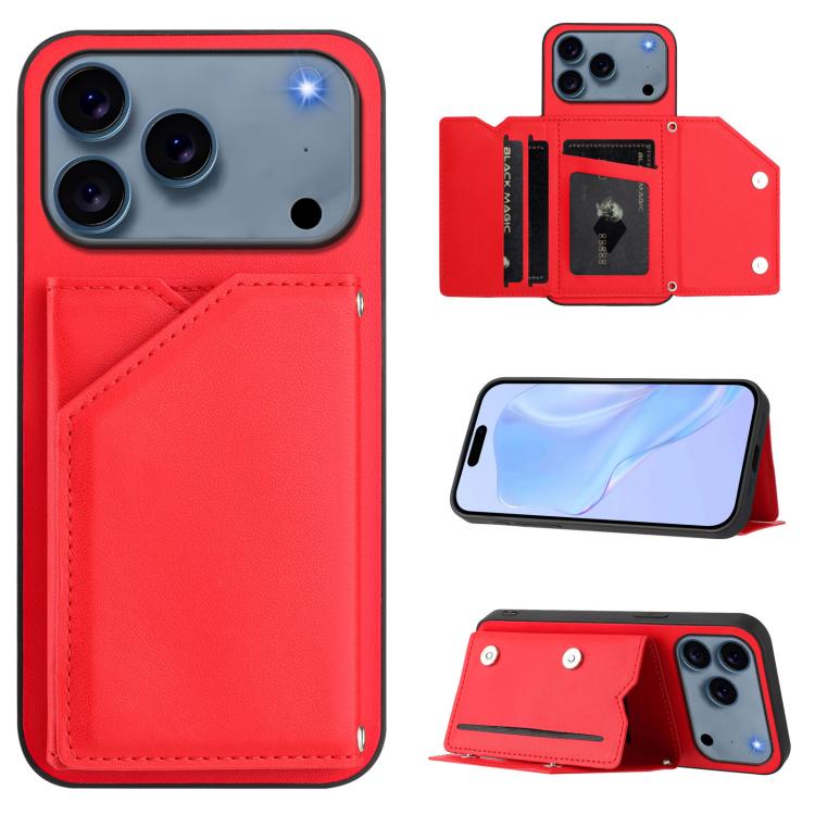 For iPhone 17 Pro Skin Feel Four Card Slots Phone Case with Wrist Strap(Red)