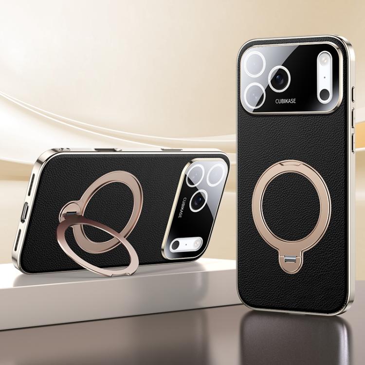 For iPhone 17 Pro Skin Feel Leather Texture Cooling MagSafe Phone Case with 360 Degrees Rotating Holder(Black)
