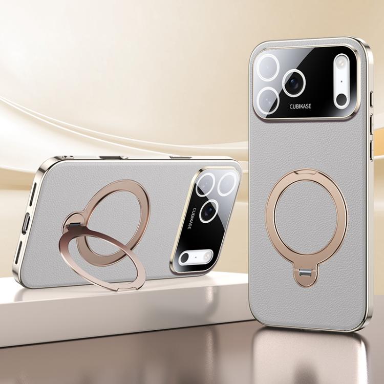 For iPhone 17 Pro Skin Feel Leather Texture Cooling MagSafe Phone Case with 360 Degrees Rotating Holder(Grey)