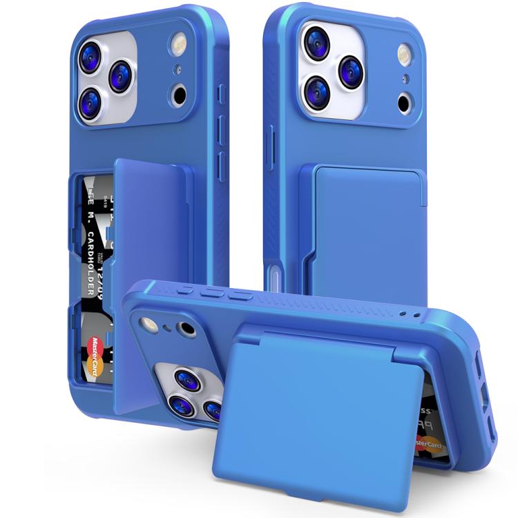 For iPhone 17 Pro Skin Feel PC Hybrid TPU Horizontal Hidden Mirror Card Bag Phone Case(Navy Blue)