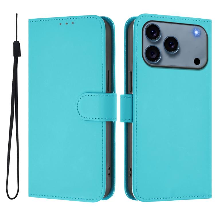 For iPhone 17 Pro Skin Feel Solid Color Leather Phone Case with Lanyard(Lake Blue)
