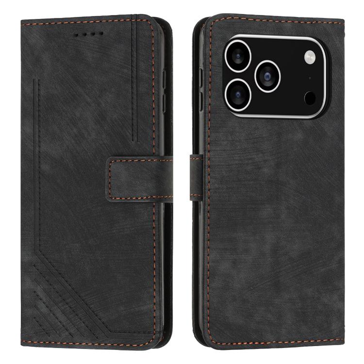 For iPhone 17 Pro Skin Feel Stripe Pattern Leather Phone Case with Lanyard(Black)