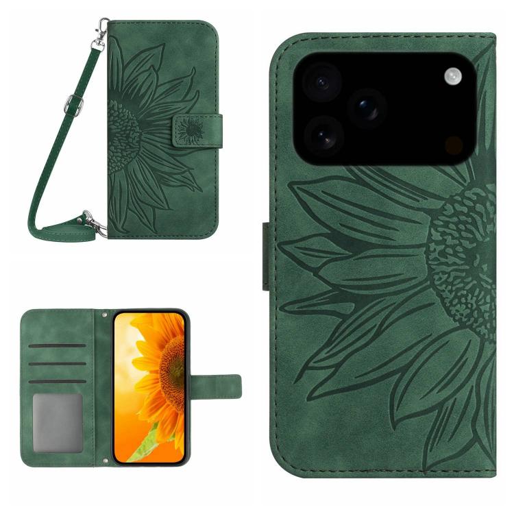 For iPhone 17 Pro Skin Feel Sun Flower Embossed Flip Leather Phone Case with Lanyard(Green)