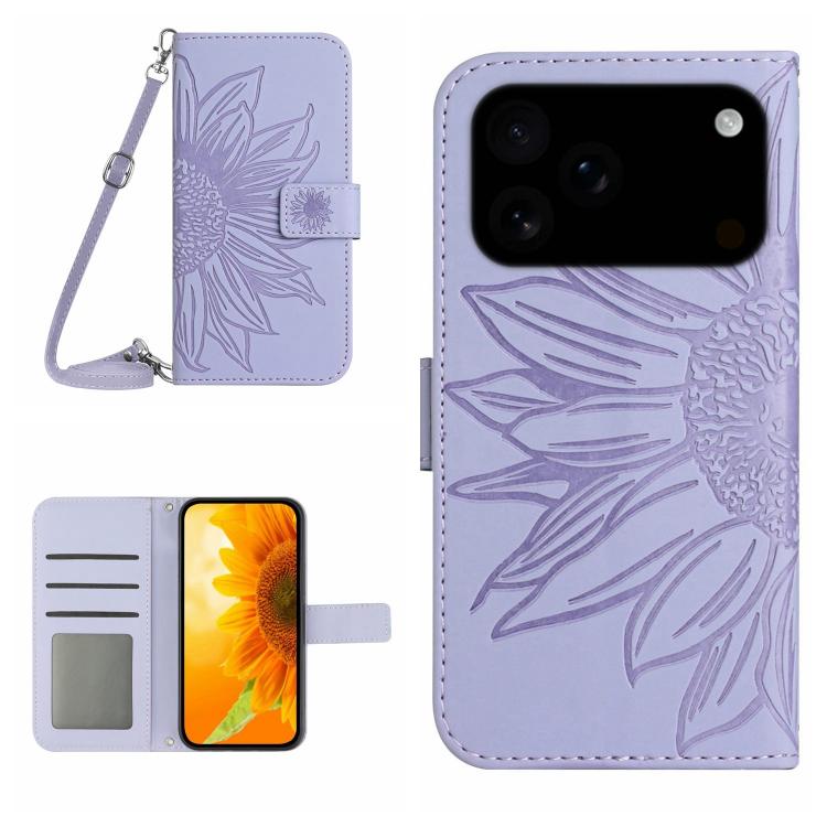 For iPhone 17 Pro Skin Feel Sun Flower Embossed Flip Leather Phone Case with Lanyard(Purple)