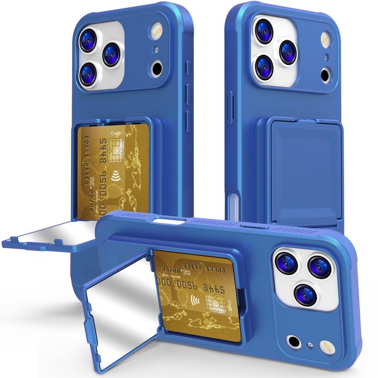 For iPhone 17 Pro Skin Feel TPU Hidden Mirror Card Bag Phone Case with Stand(Navy Blue)