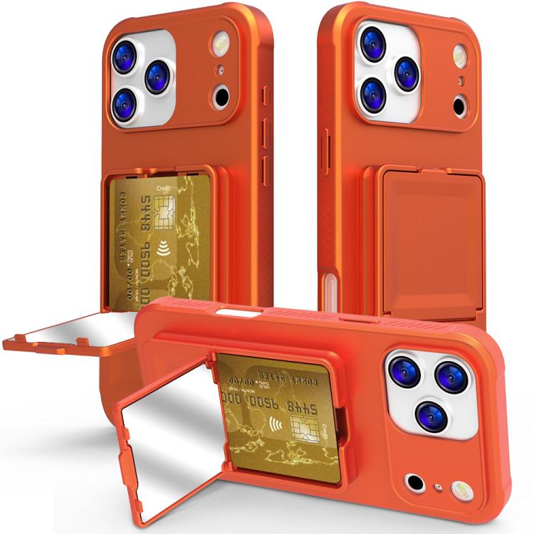 For iPhone 17 Pro Skin Feel TPU Hidden Mirror Card Bag Phone Case with Stand(Orange)