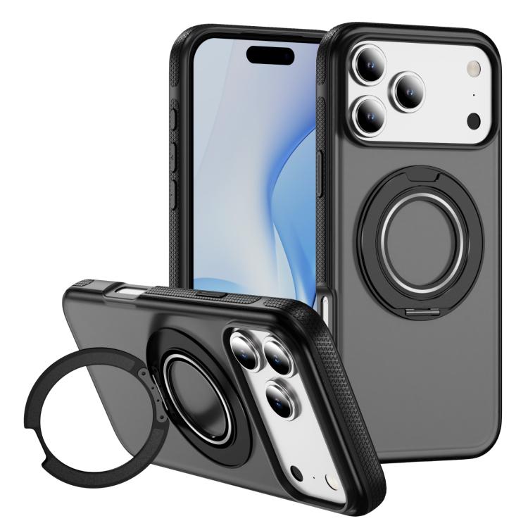 For iPhone 17 Pro Skin Feel Translucent PC Gear Holder C MagSafe Phone Case(Bright Grey + Black)