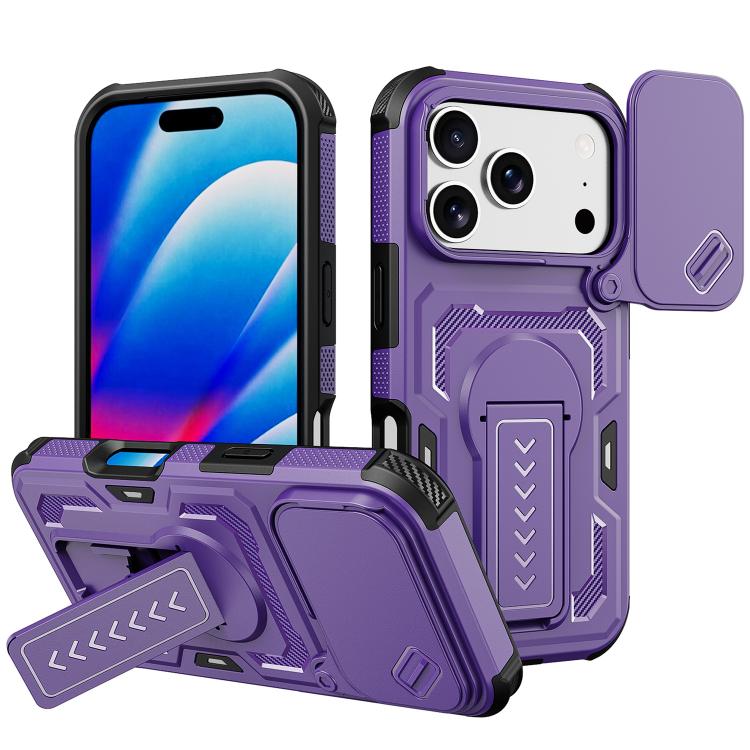 For iPhone 17 Pro Slid Camera Shield Invisible Holder PC Hybrid TPU Phone Case(Purple)