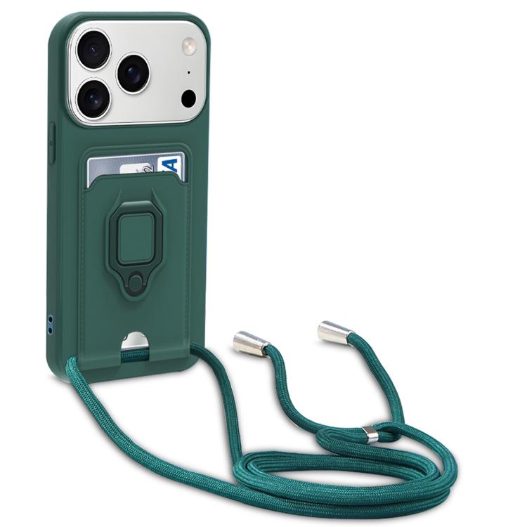 For iPhone 17 Pro Sliding Camshield Magnetic Card Holder Silicone Phone Case with Lanyard(Dark Night Green)