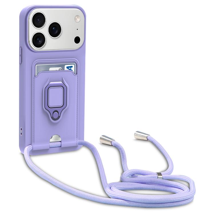 For iPhone 17 Pro Sliding Camshield Magnetic Card Holder Silicone Phone Case with Lanyard(Light Purple)
