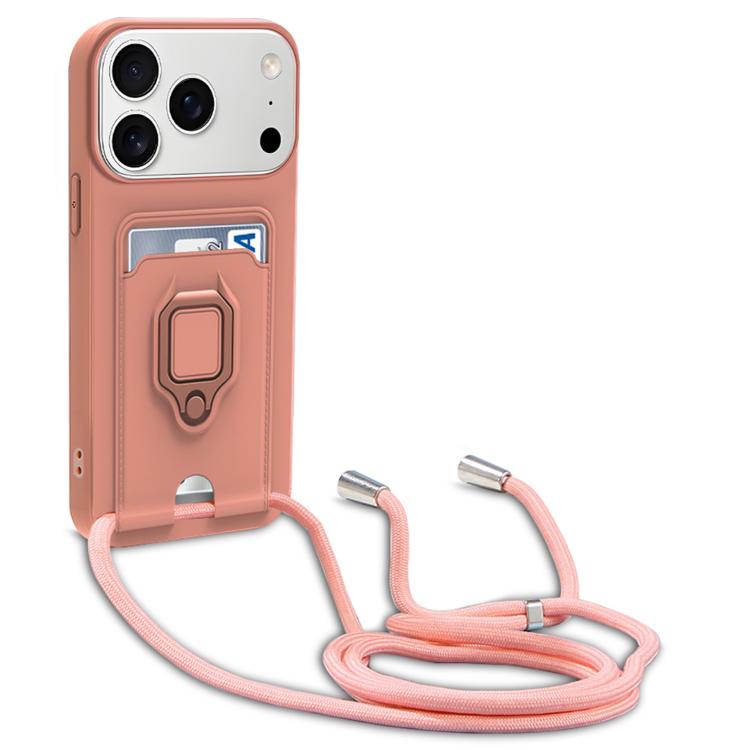 For iPhone 17 Pro Sliding Camshield Magnetic Card Holder Silicone Phone Case with Lanyard(Pink)