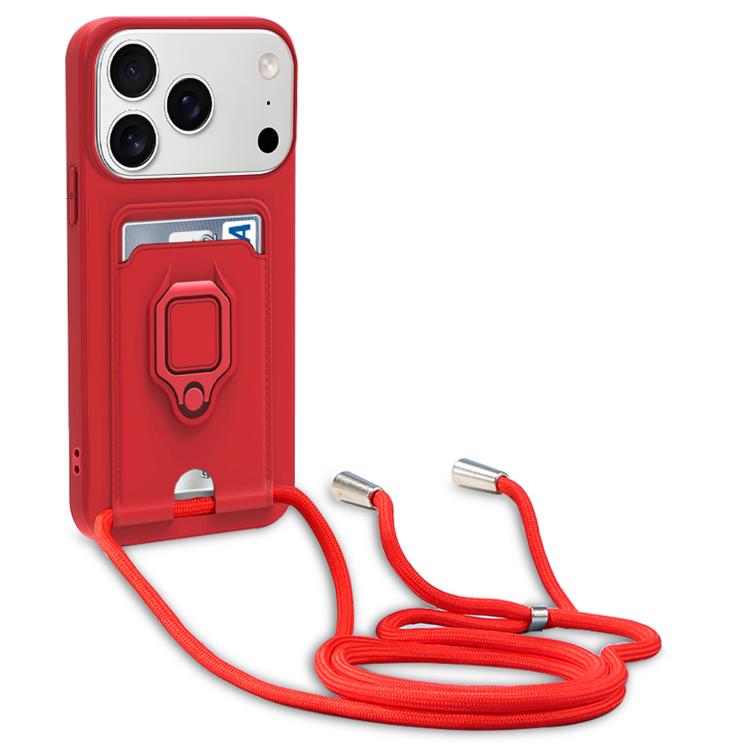 For iPhone 17 Pro Sliding Camshield Magnetic Card Holder Silicone Phone Case with Lanyard(Red)