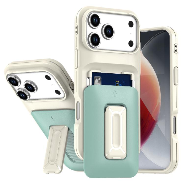 For iPhone 17 Pro Sliding Card Holder Integrated Phone Case with Kickstand(Beige Green)