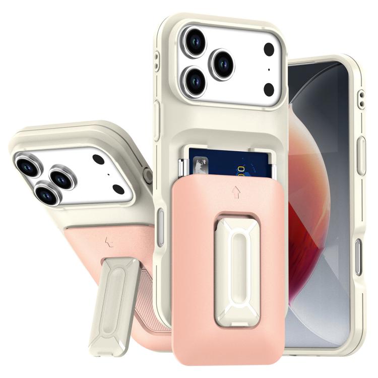 For iPhone 17 Pro Sliding Card Holder Integrated Phone Case with Kickstand(Beige Pink)