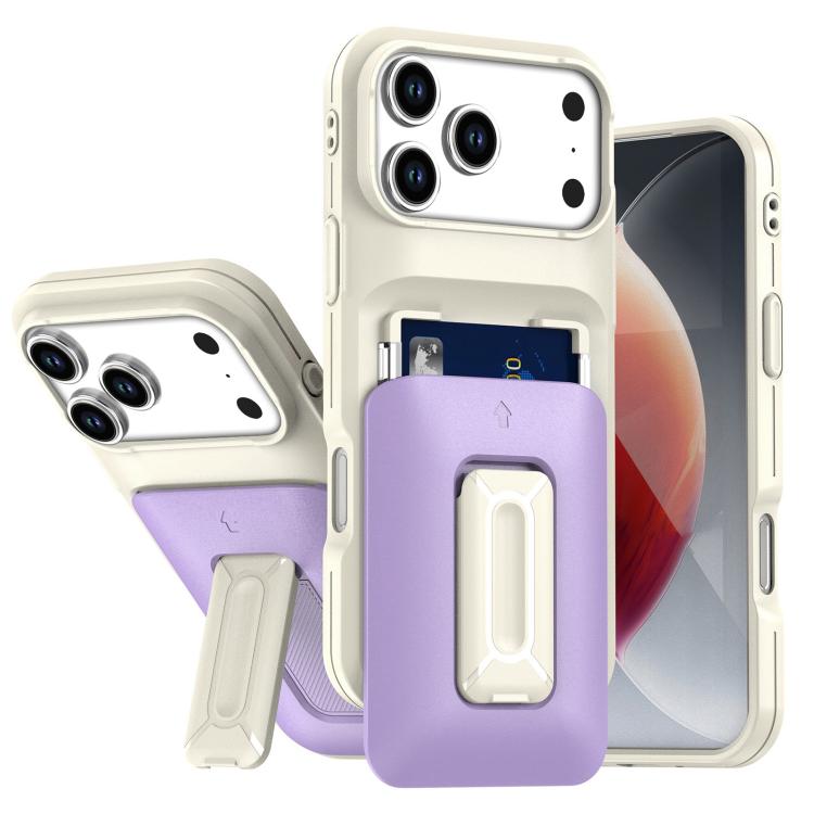 For iPhone 17 Pro Sliding Card Holder Integrated Phone Case with Kickstand(Beige Purple)