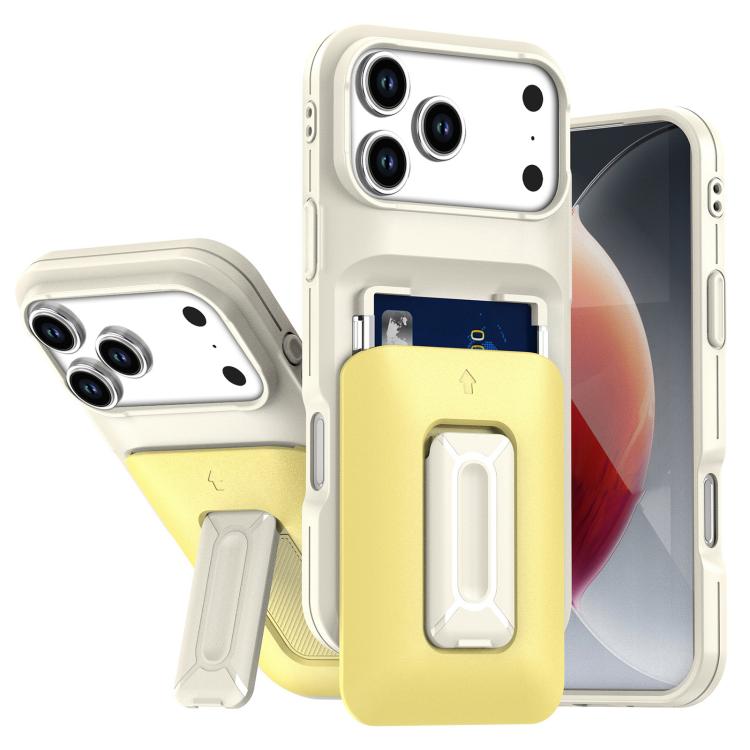 For iPhone 17 Pro Sliding Card Holder Integrated Phone Case with Kickstand(Beige Yellow)