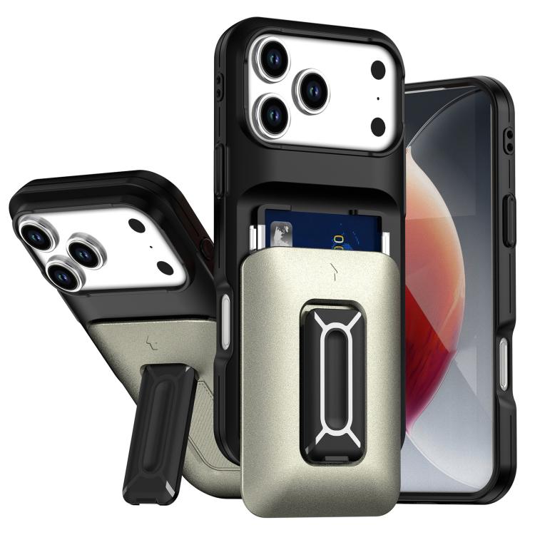 For iPhone 17 Pro Sliding Card Holder Integrated Phone Case with Kickstand(Black Gold)