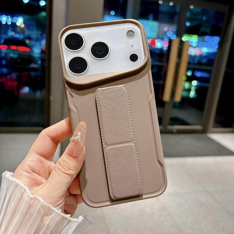 For iPhone 17 Pro Slim Waist Design Soft TPU Shockproof Phone Case with Fold Holder(Khaki)