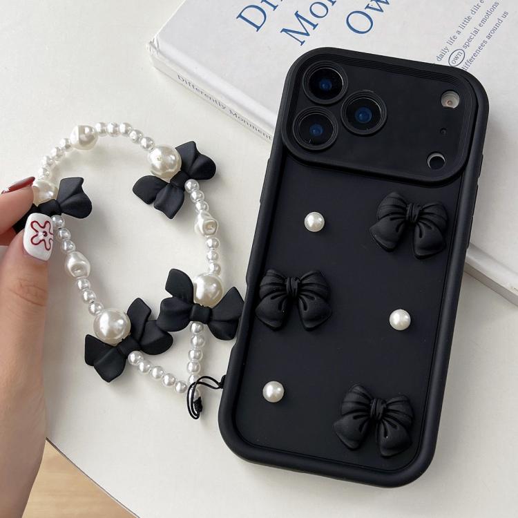 For iPhone 17 Pro Soft Silicone 3D Bowknot Pearl Phone Case with Beaded Wrist Strap(Black)