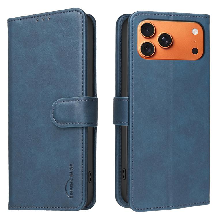 For iPhone 17 Pro Solid Color Calfskin Texture RFID Vegan Leather Phone Case(Blue)
