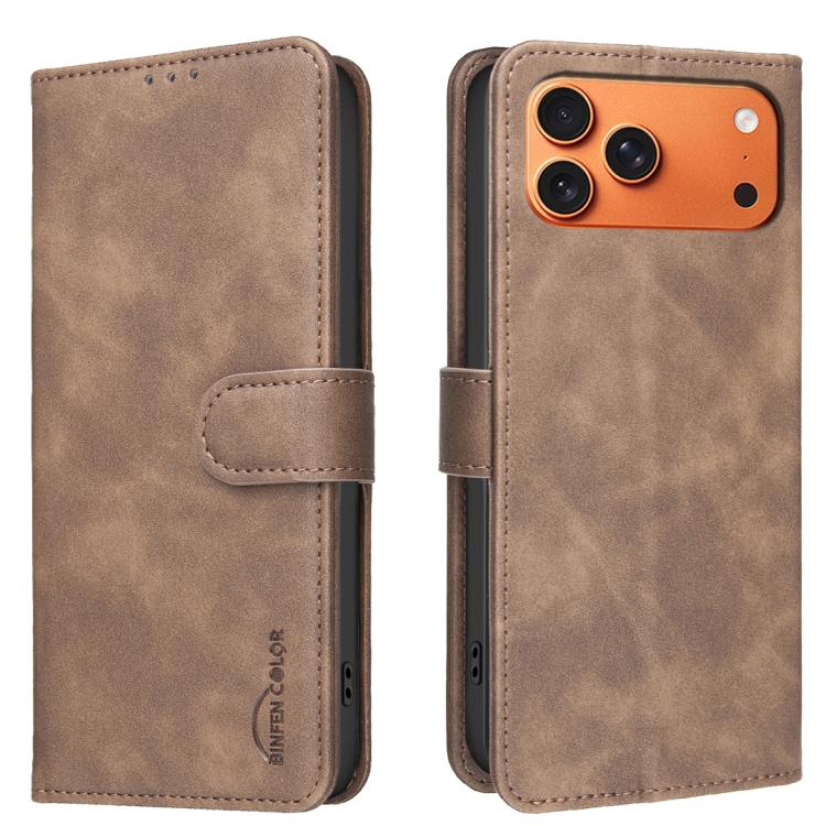 For iPhone 17 Pro Solid Color Calfskin Texture RFID Vegan Leather Phone Case(Brown)
