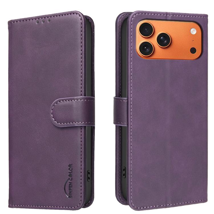 For iPhone 17 Pro Solid Color Calfskin Texture RFID Vegan Leather Phone Case(Purple)