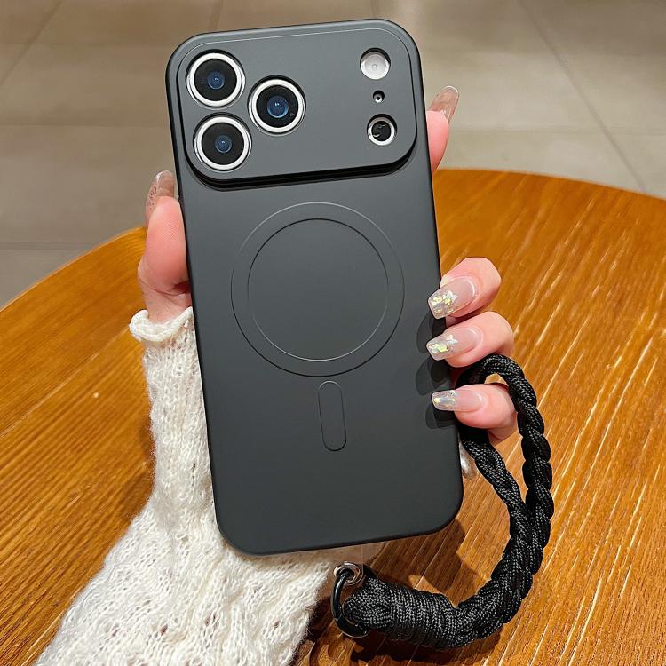 For iPhone 17 Pro Solid Color Liquid Silicone Magnetic Phone Case with Lanyard(Black)