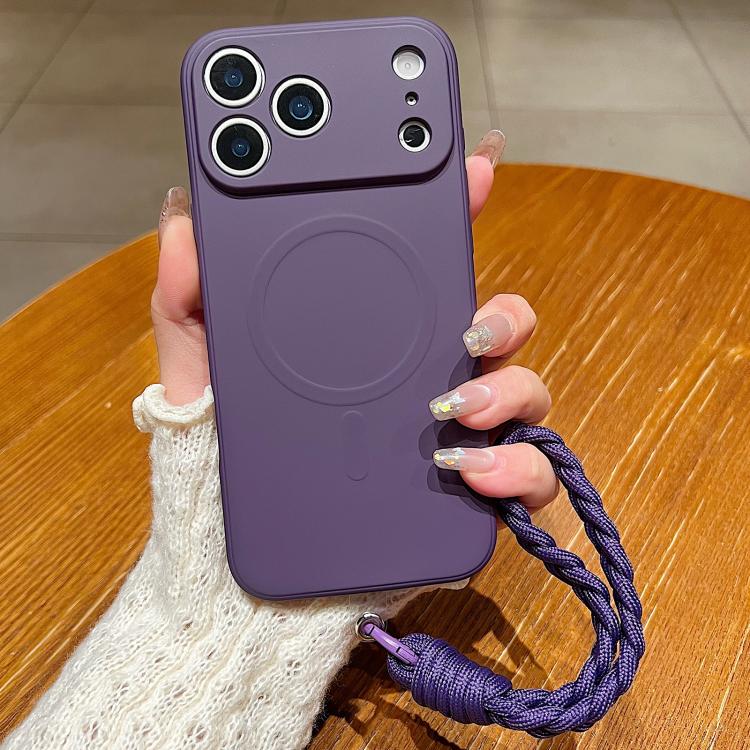 For iPhone 17 Pro Solid Color Liquid Silicone Magnetic Phone Case with Lanyard(Dark Purple)
