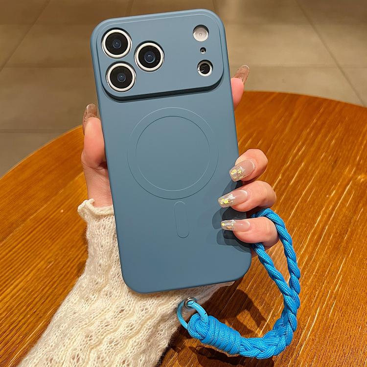 For iPhone 17 Pro Solid Color Liquid Silicone Magnetic Phone Case with Lanyard(Lavender Grey)