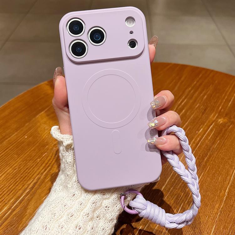 For iPhone 17 Pro Solid Color Liquid Silicone Magnetic Phone Case with Lanyard(Lilac)