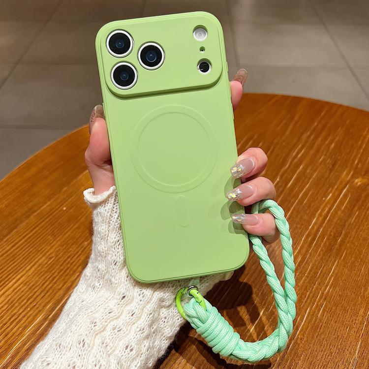 For iPhone 17 Pro Solid Color Liquid Silicone Magnetic Phone Case with Lanyard(Matcha Green)