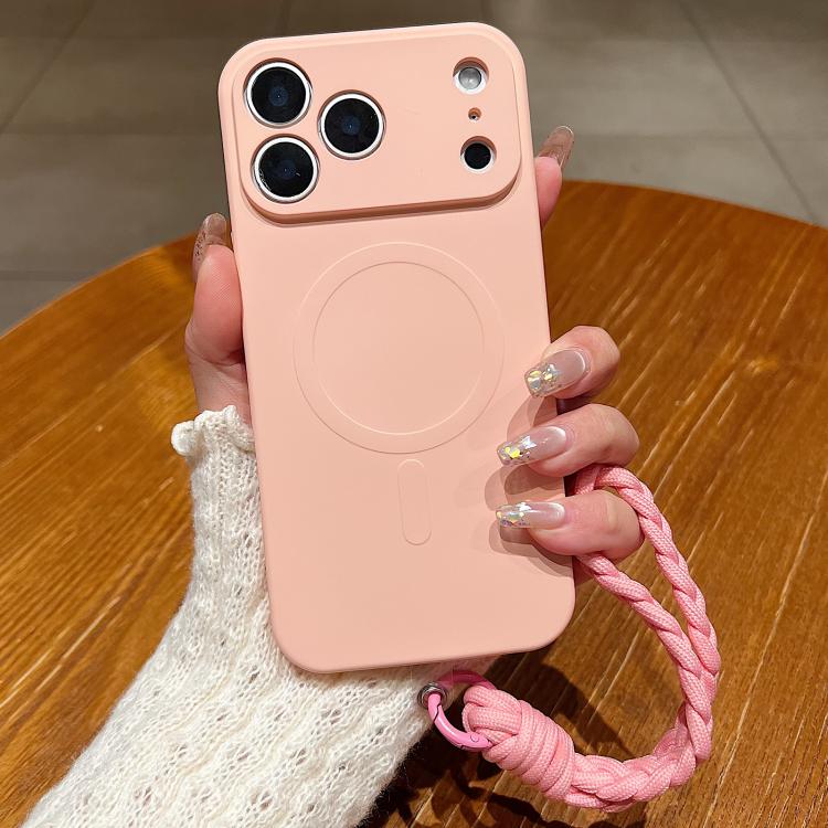 For iPhone 17 Pro Solid Color Liquid Silicone Magnetic Phone Case with Lanyard(Pink)