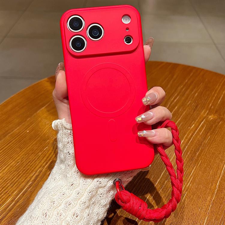 For iPhone 17 Pro Solid Color Liquid Silicone Magnetic Phone Case with Lanyard(Red)