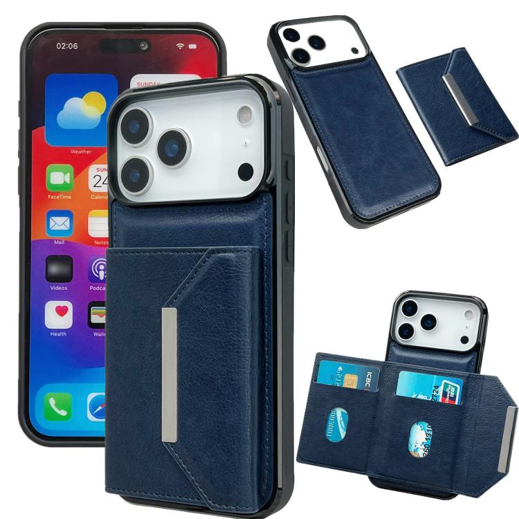For iPhone 17 Pro Solid Color Metal Buckle Card Slots Bag Phone Case(Blue)