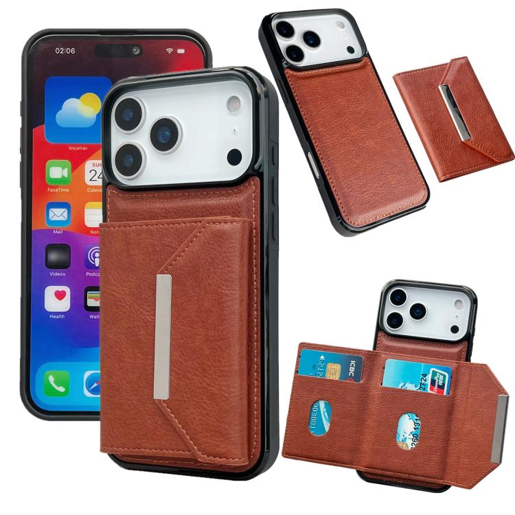 For iPhone 17 Pro Solid Color Metal Buckle Card Slots Bag Phone Case(Brown)
