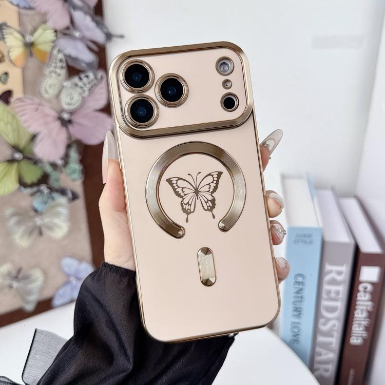 For iPhone 17 Pro Solid Color Side Electroplating Butterfly MagSafe TPU Phone Case(Pink)