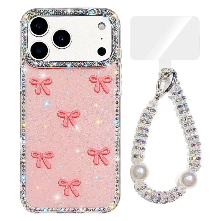 For iPhone 17 Pro Sparkling IMD Colorful Bow Phone Case with Bracelet(Glitter Light Pink)