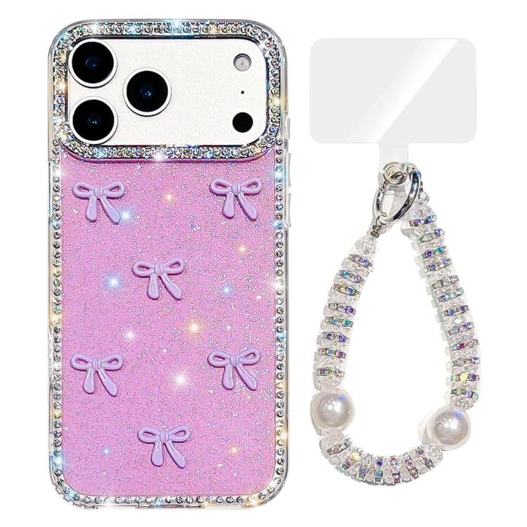 For iPhone 17 Pro Sparkling IMD Colorful Bow Phone Case with Bracelet(Glitter Light Purple)