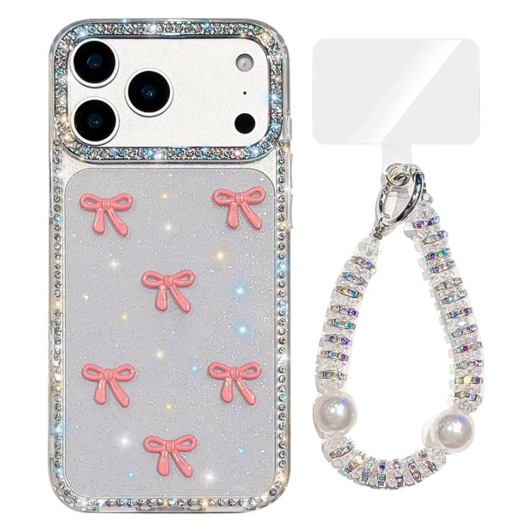 For iPhone 17 Pro Sparkling IMD Colorful Bow Phone Case with Bracelet(Glitter Transparent)