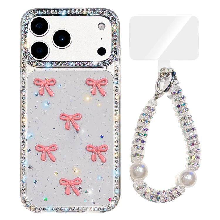 For iPhone 17 Pro Sparkling IMD Colorful Bow Phone Case with Bracelet(Glitter White)