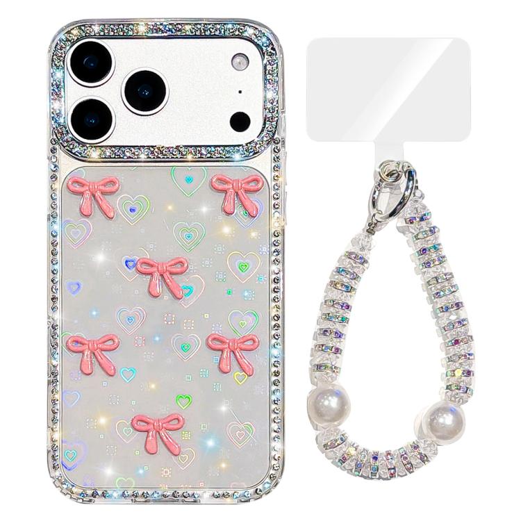 For iPhone 17 Pro Sparkling IMD Colorful Bow Phone Case with Bracelet(Love Transparent)