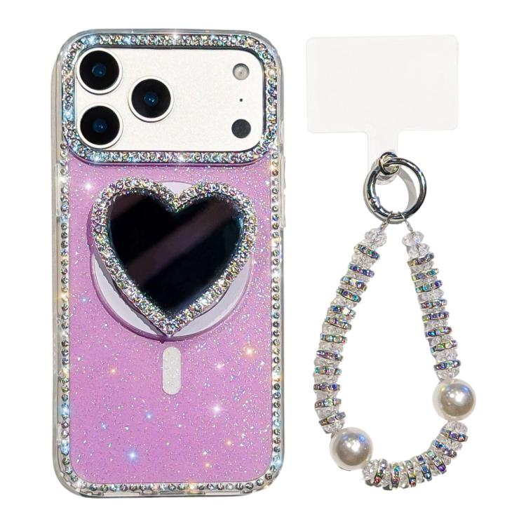 For iPhone 17 Pro Sparkling IMD Heart-Shaped Mirror Magnetic Phone Case with Bracelet(Glitter Light Purple)