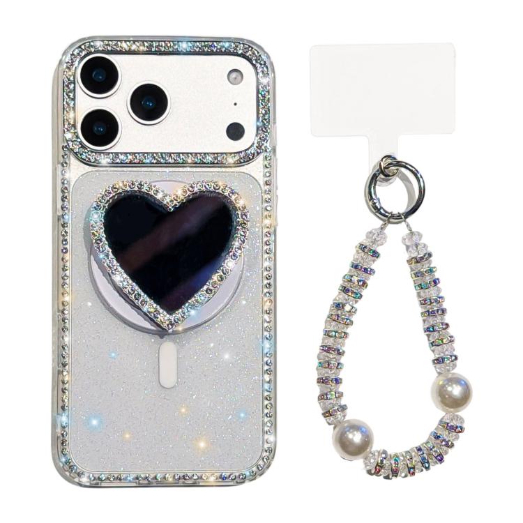 For iPhone 17 Pro Sparkling IMD Heart-Shaped Mirror Magnetic Phone Case with Bracelet(Glitter Transparent)
